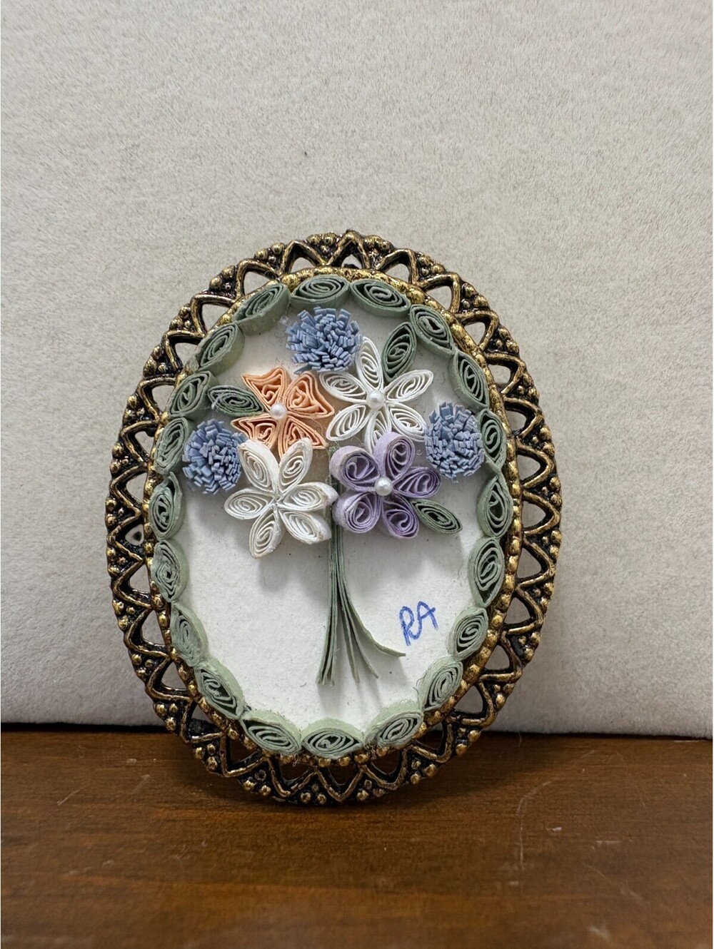 Vintage Paper Quilled Pastel Flowers on Gold Tone Brooch Pin Quilling Granny